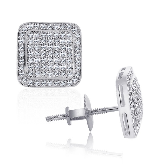 Sterling Silver CZ Square Micropave Stud Earrings - Picture 2 of 4